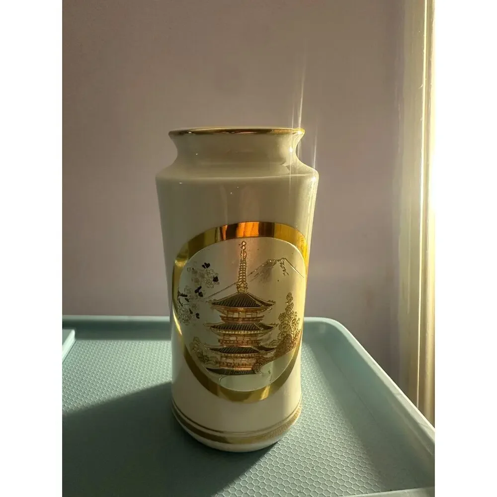 Vintage Japanese Porcelain Cylinder Vase Gold‑Trim Pagoda Scene